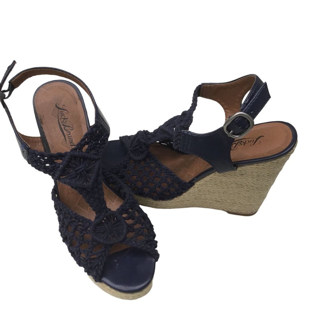 Lucky Brand Rilo Navy Macramé Crochet Boho Wedge Sandals Women's 8.5